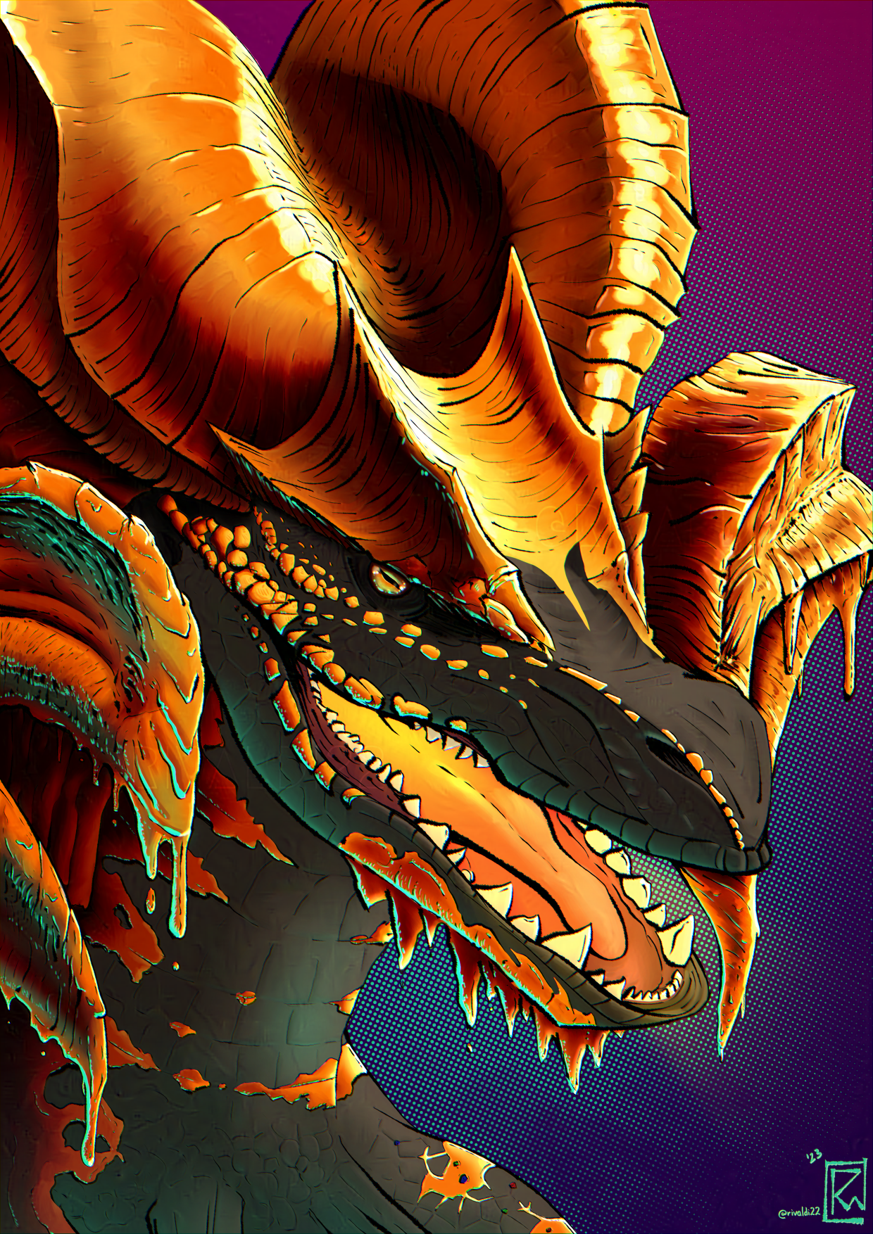 Kulve Taroth, the Glorious Dragon. An Elder Dragon that protects herself with a glittering coat of metal over her scales. Some of the precious metal comes from the weapons of defeated Hunters who once tried to slay her. Monster Hunter © Capcom